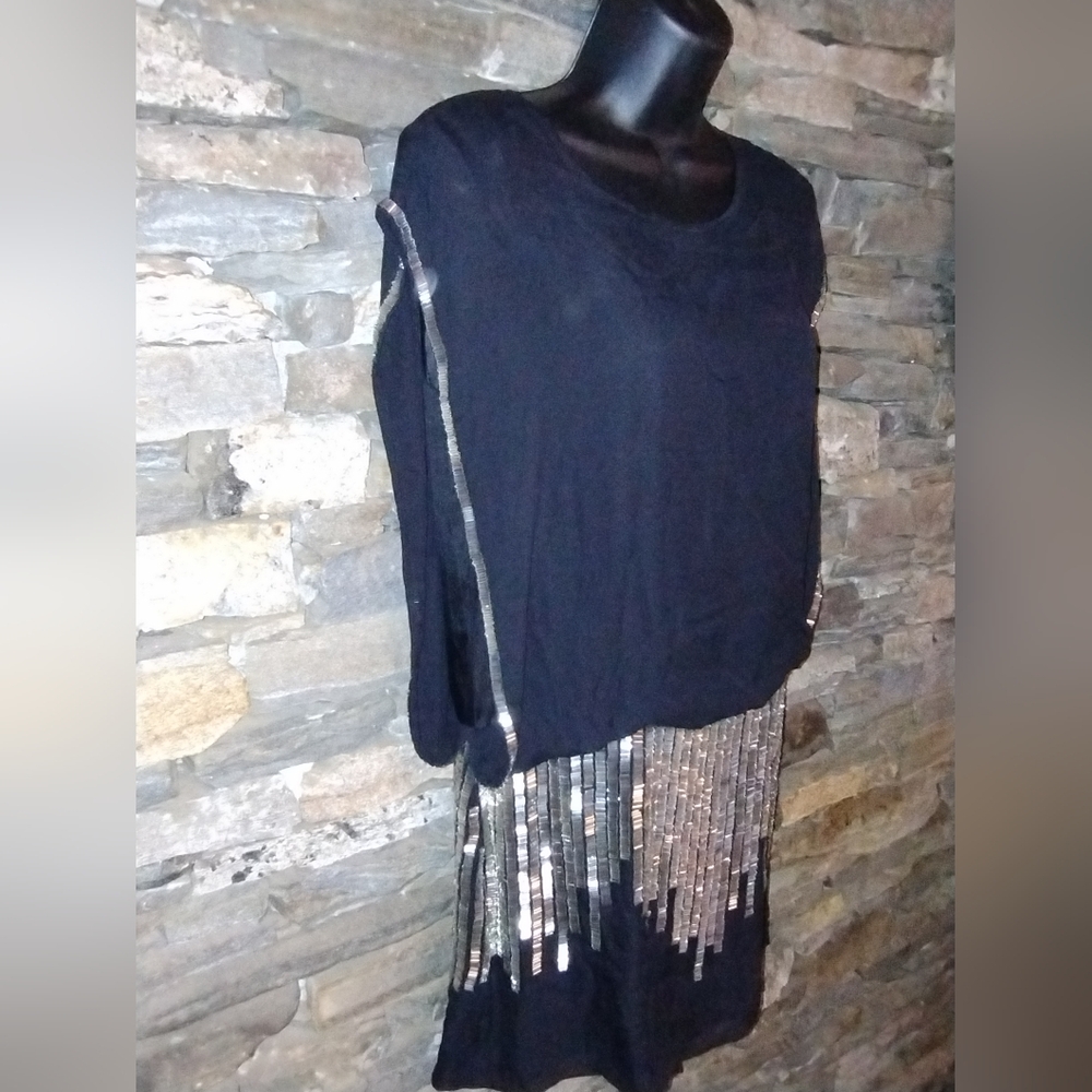Parker Retro Flapper Black silk and gold sequin dress, size M NWT Size M - Picture 6 of 10